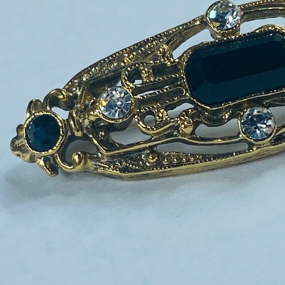 Art Deco Pin Brooch Gold Tone Faux Black Onyx Clear Rhinestone Vintage Jewelry - Picture 10 of 16
